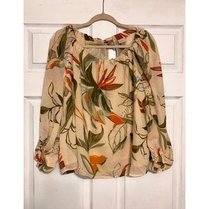 A New Day- Target Long Sleeve White and Tropical Print Blouse